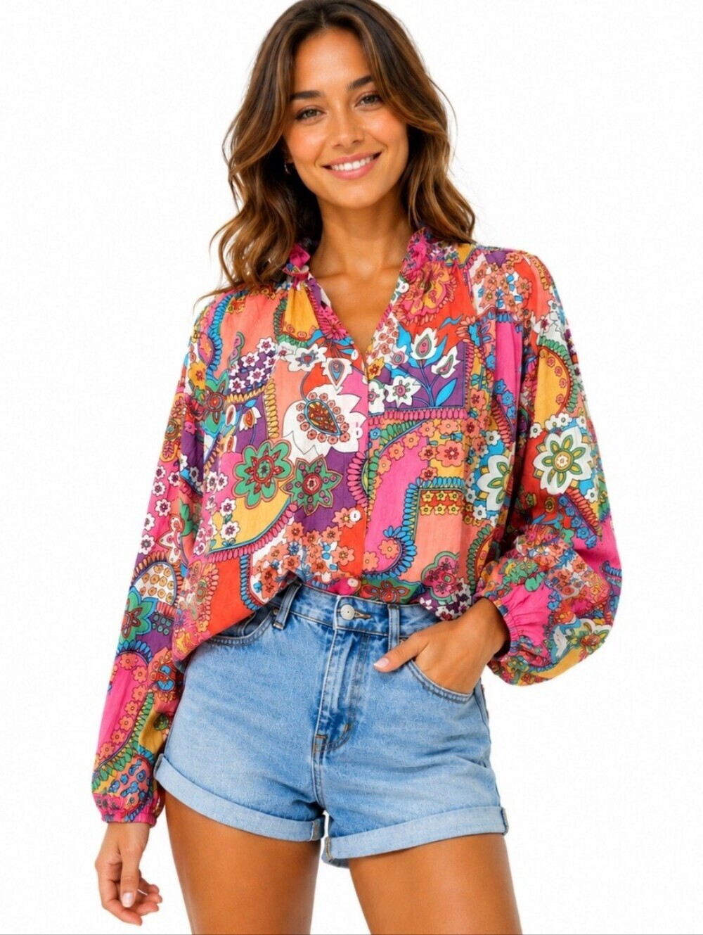 Mille Resort & Travel 100% Cotton Floral Boho Oversized Blouse Top Size Small